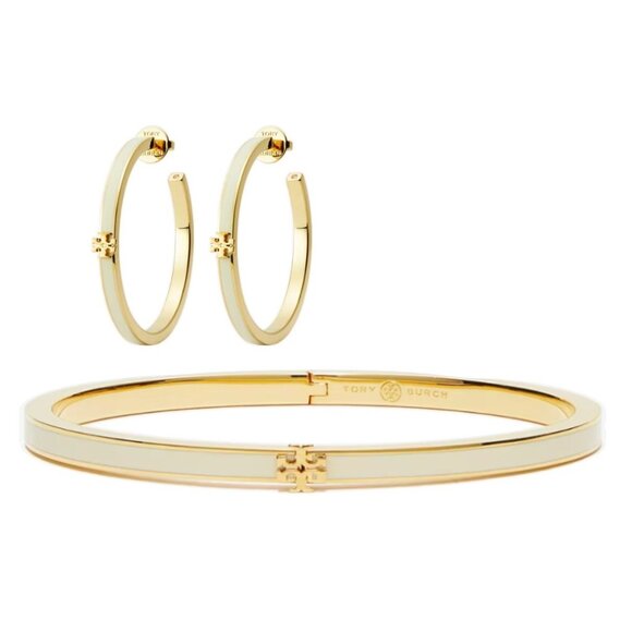TORY BURCH WHITE AND GOLD KIRA ENAMEL BRACELET AND HOOP EARRING SET - Picture 4 of 15